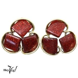 Vintage Red Glitter Thermoplastic Clip On Earrings Round Deco Design - Hey Viv